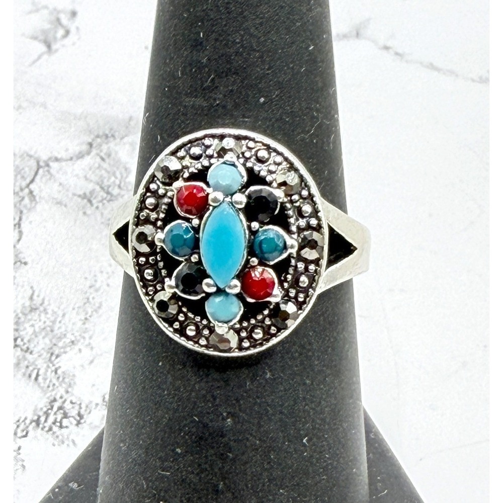 New Southwest Style Silver Ring Turquoise Red Black Stones Size 7 VIDEO